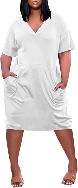 Women's Summer Dresses 2025 Plus Size V Neck Short Sleeve Knee Length Soild Color Tshirt Dresses Midi, L-5XL