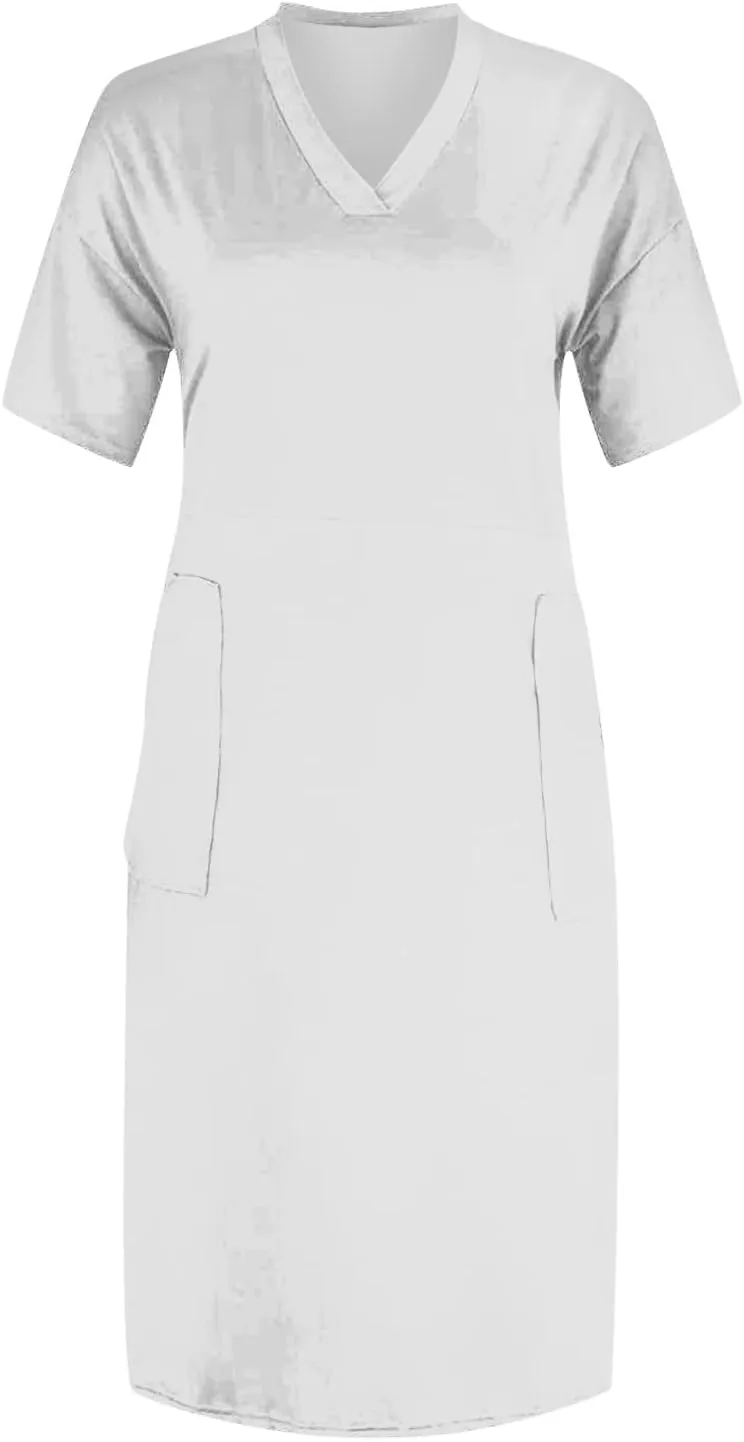 Women's Summer Dresses 2025 Plus Size V Neck Short Sleeve Knee Length Soild Color Tshirt Dresses Midi, L-5XL