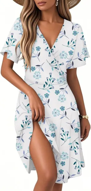 Womens Summer Dresses 2025 V Neck Short Sleeve Boho Floral Printed Midi Dress Casual Beach Vacation Clothes