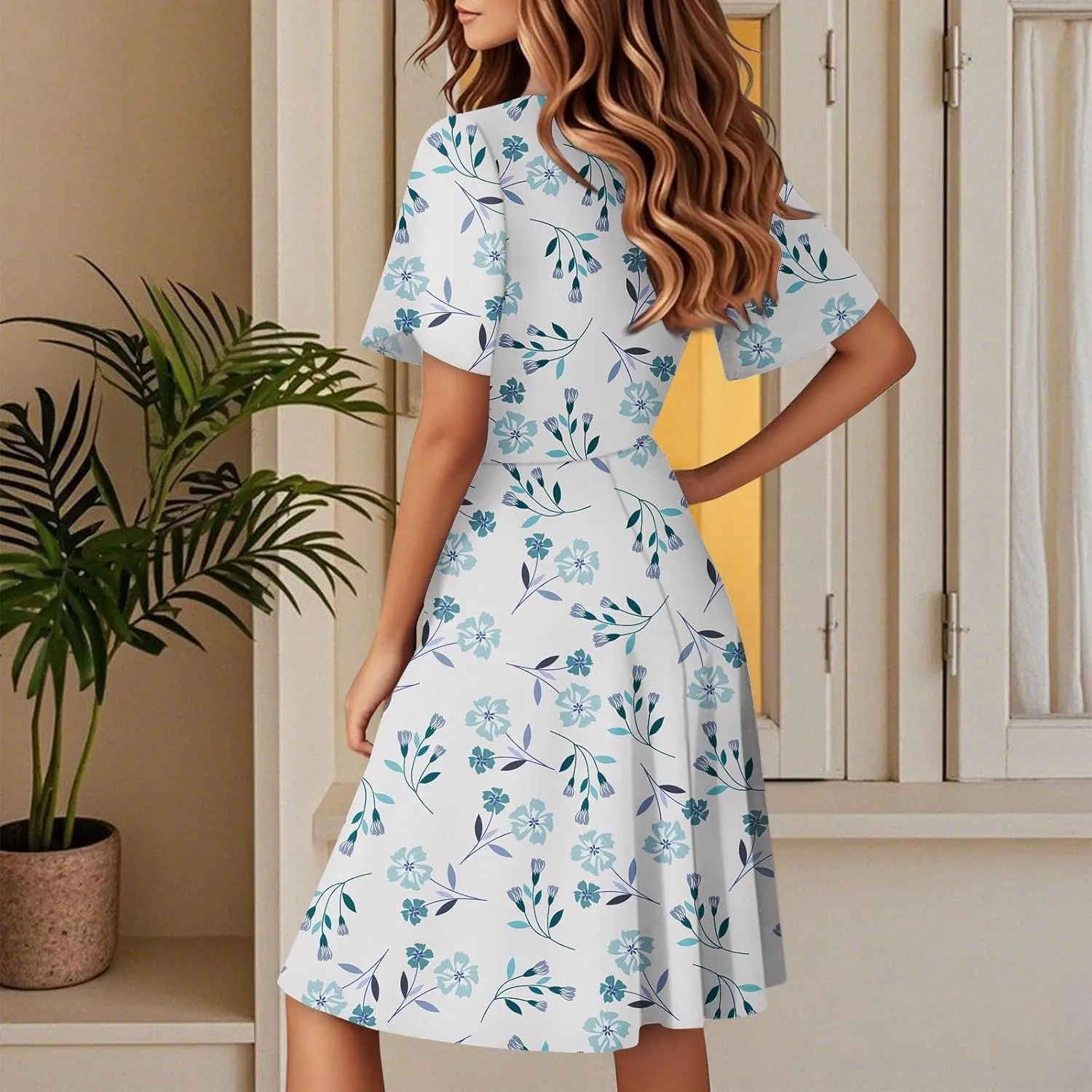 Womens Summer Dresses 2025 V Neck Short Sleeve Boho Floral Printed Midi Dress Casual Beach Vacation Clothes