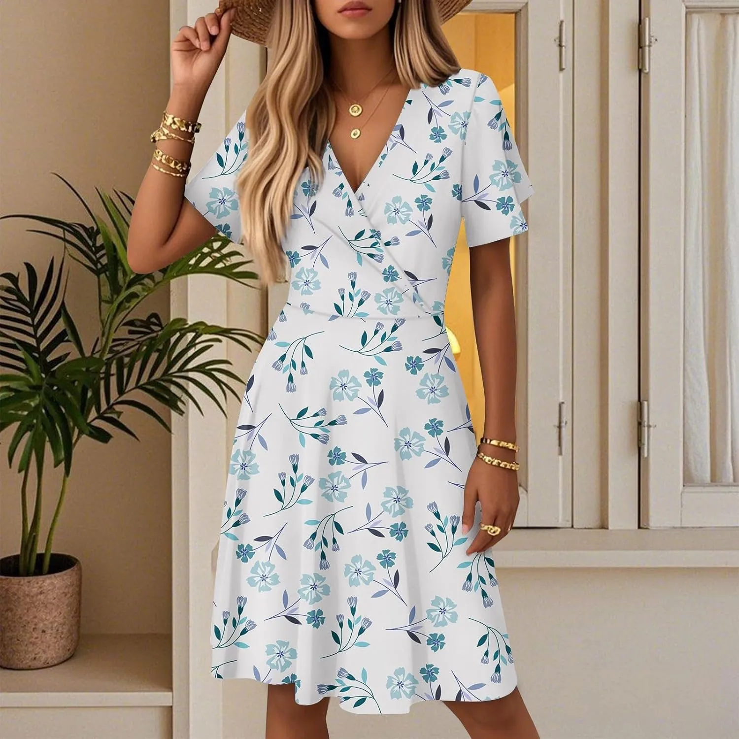 Womens Summer Dresses 2025 V Neck Short Sleeve Boho Floral Printed Midi Dress Casual Beach Vacation Clothes