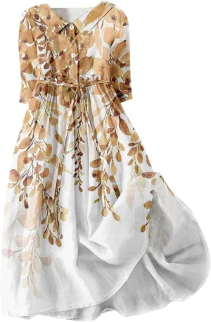 Womens Summer Dresses 3/4 Sleeve Lapel Neck Button Cute A Line Lace-Up Dress Boho Floral Vacation Beach Maxi Dress