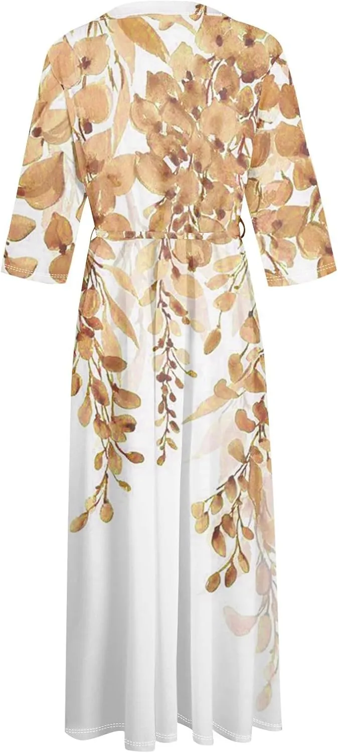 Womens Summer Dresses 3/4 Sleeve Lapel Neck Button Cute A Line Lace-Up Dress Boho Floral Vacation Beach Maxi Dress
