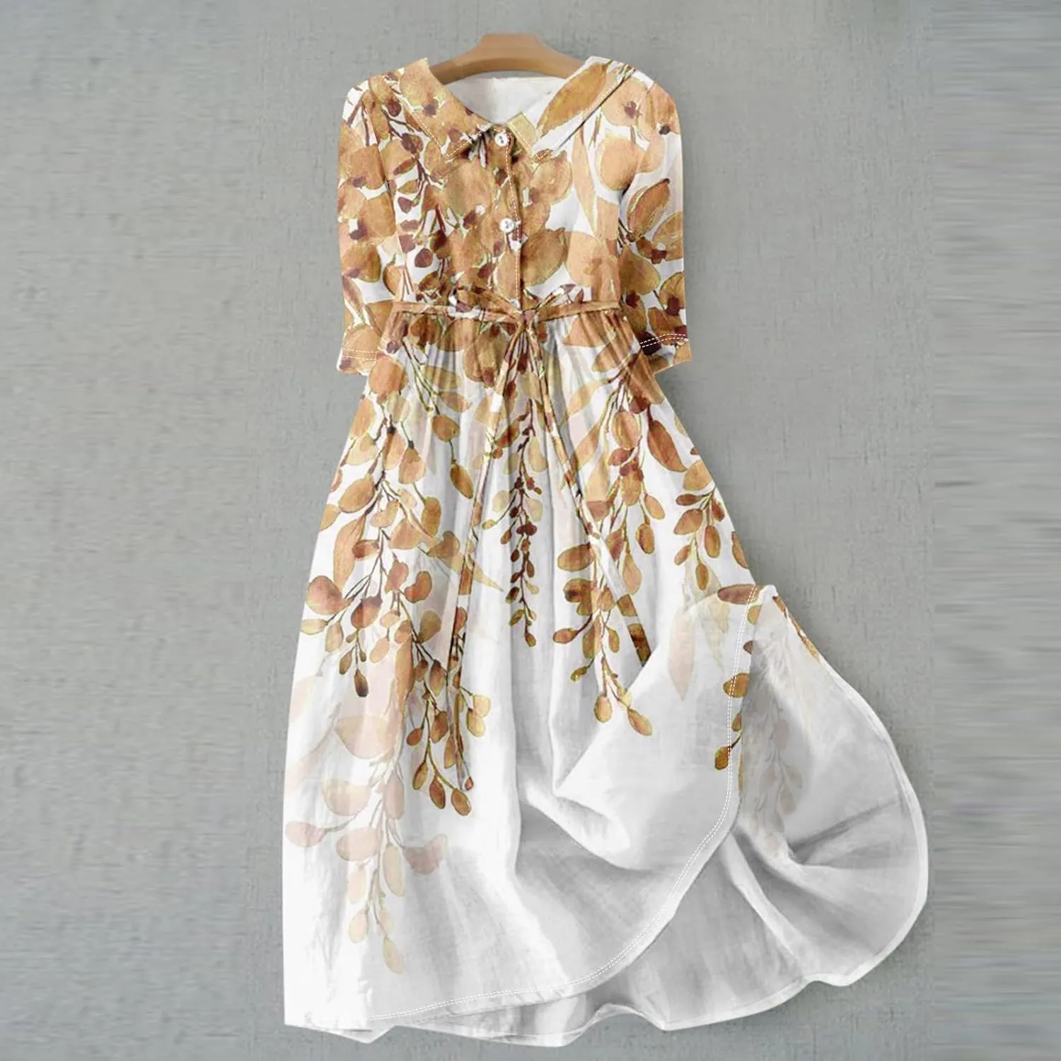 Womens Summer Dresses 3/4 Sleeve Lapel Neck Button Cute A Line Lace-Up Dress Boho Floral Vacation Beach Maxi Dress
