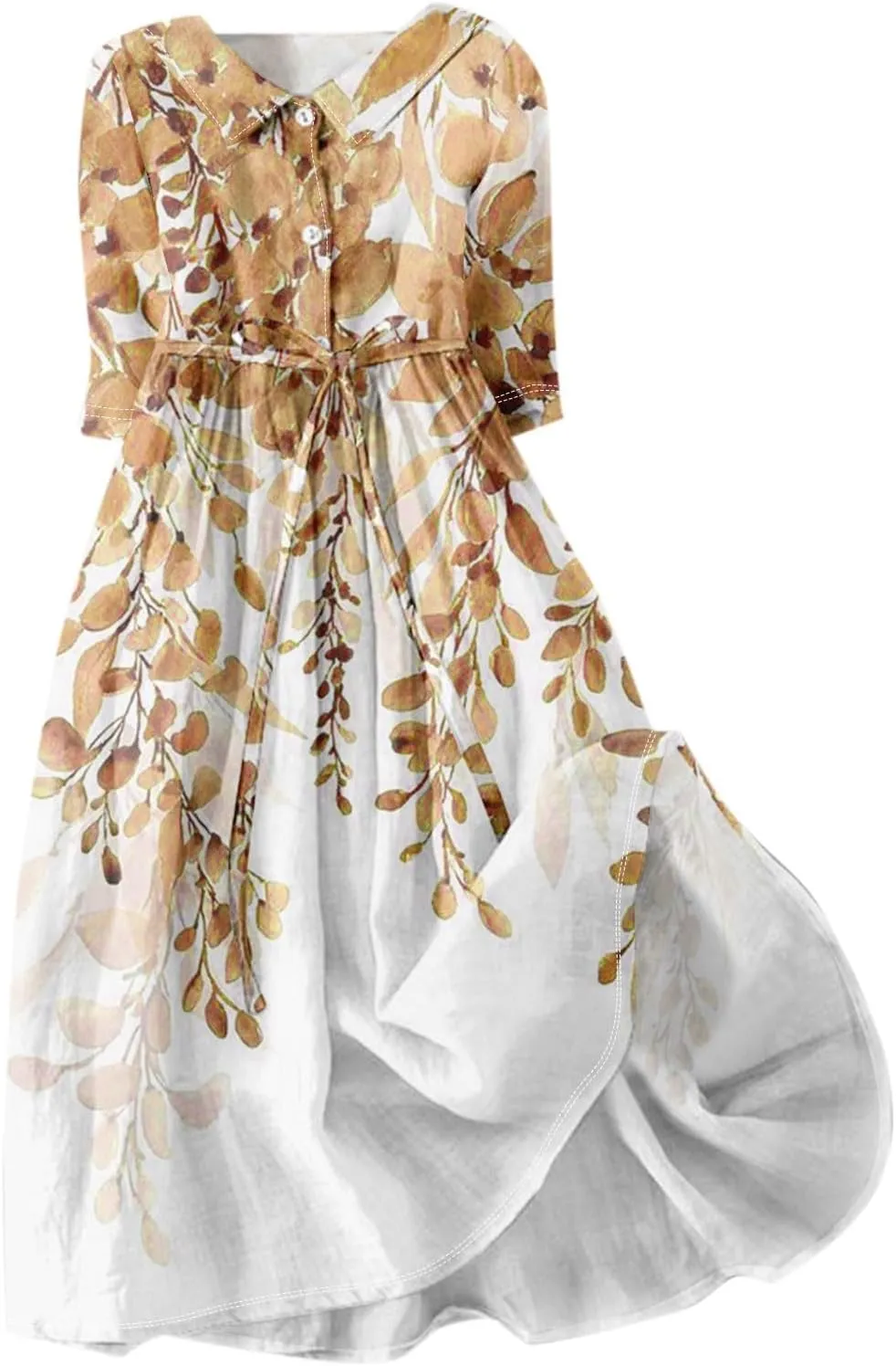 Womens Summer Dresses 3/4 Sleeve Lapel Neck Button Cute A Line Lace-Up Dress Boho Floral Vacation Beach Maxi Dress