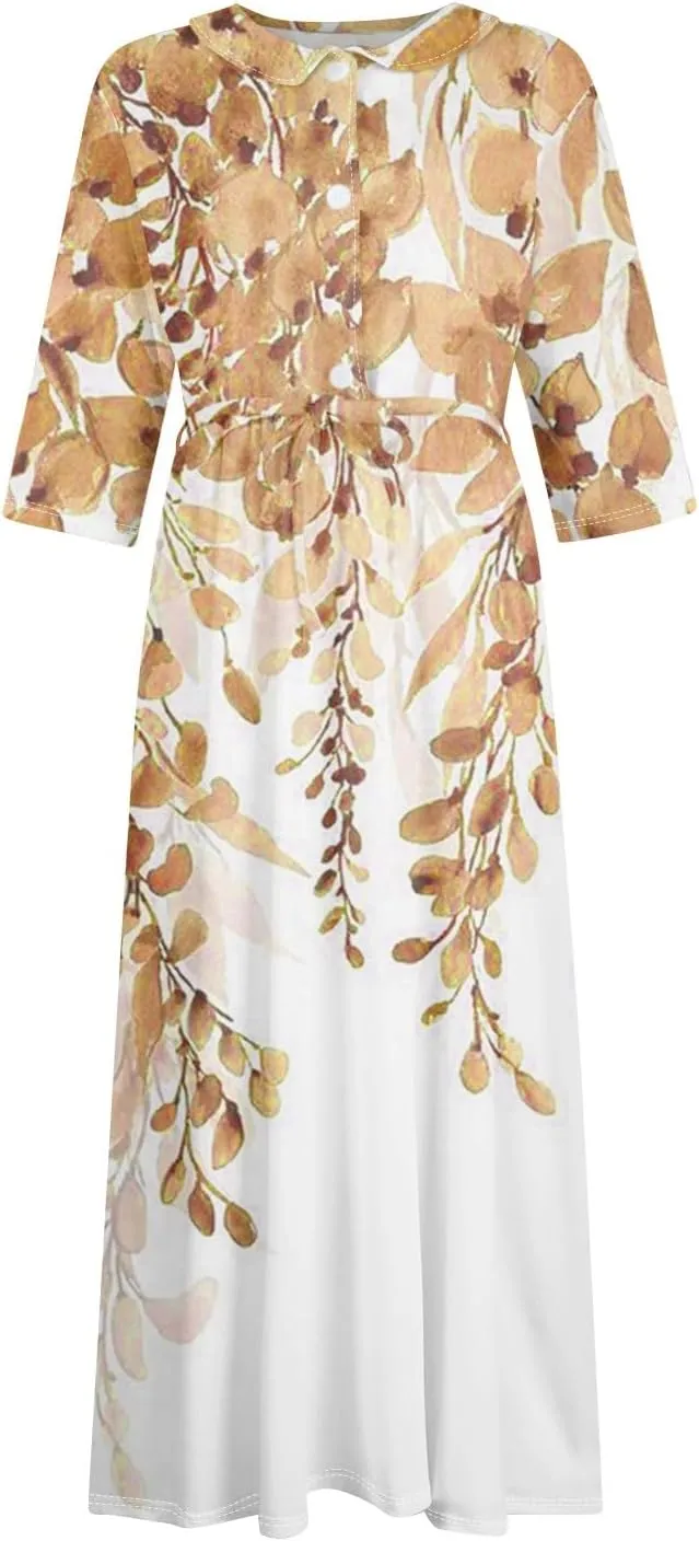 Womens Summer Dresses 3/4 Sleeve Lapel Neck Button Cute A Line Lace-Up Dress Boho Floral Vacation Beach Maxi Dress