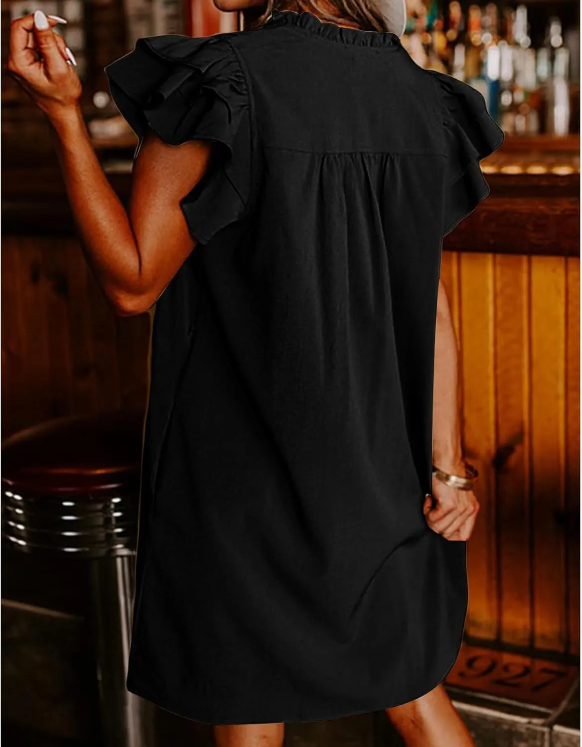 Womens Summer Dresses Casual V Neck Ruffle Cap Short Sleeve Mini Dress Smocked A Line Flowy Sundress with Pockets