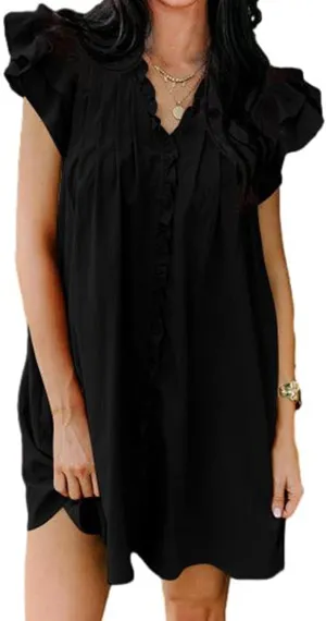 Womens Summer Dresses Casual V Neck Ruffle Cap Short Sleeve Mini Dress Smocked A Line Flowy Sundress with Pockets