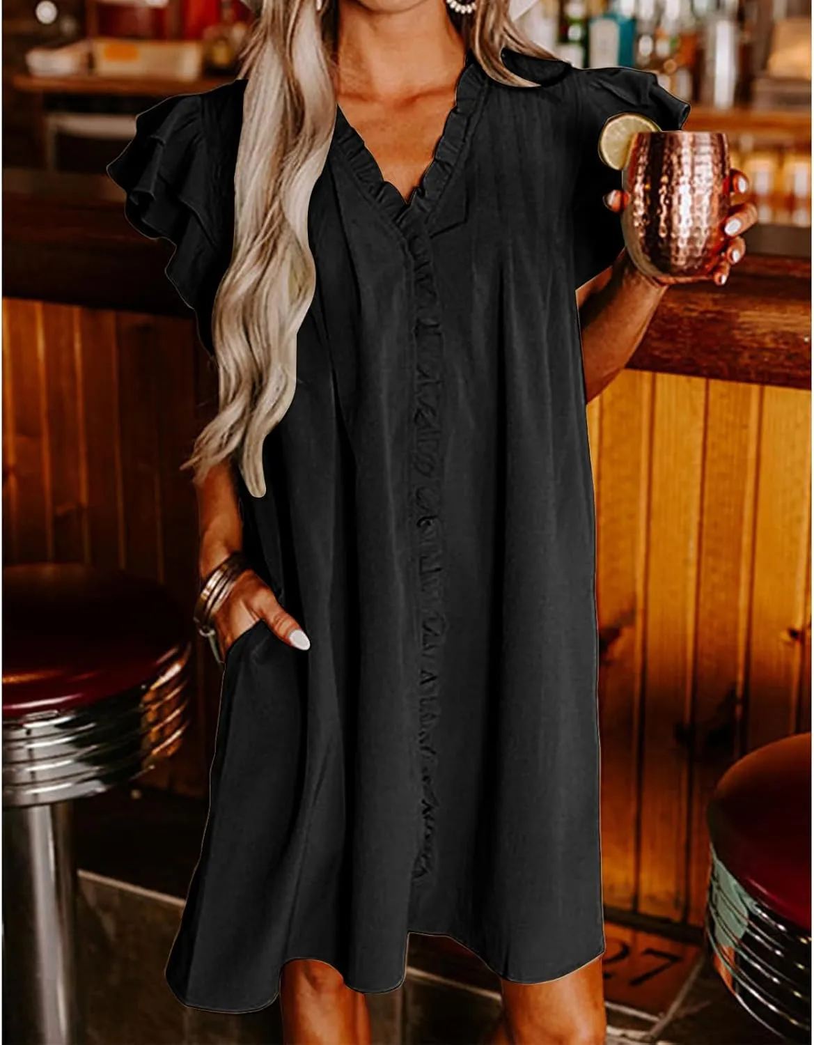 Womens Summer Dresses Casual V Neck Ruffle Cap Short Sleeve Mini Dress Smocked A Line Flowy Sundress with Pockets