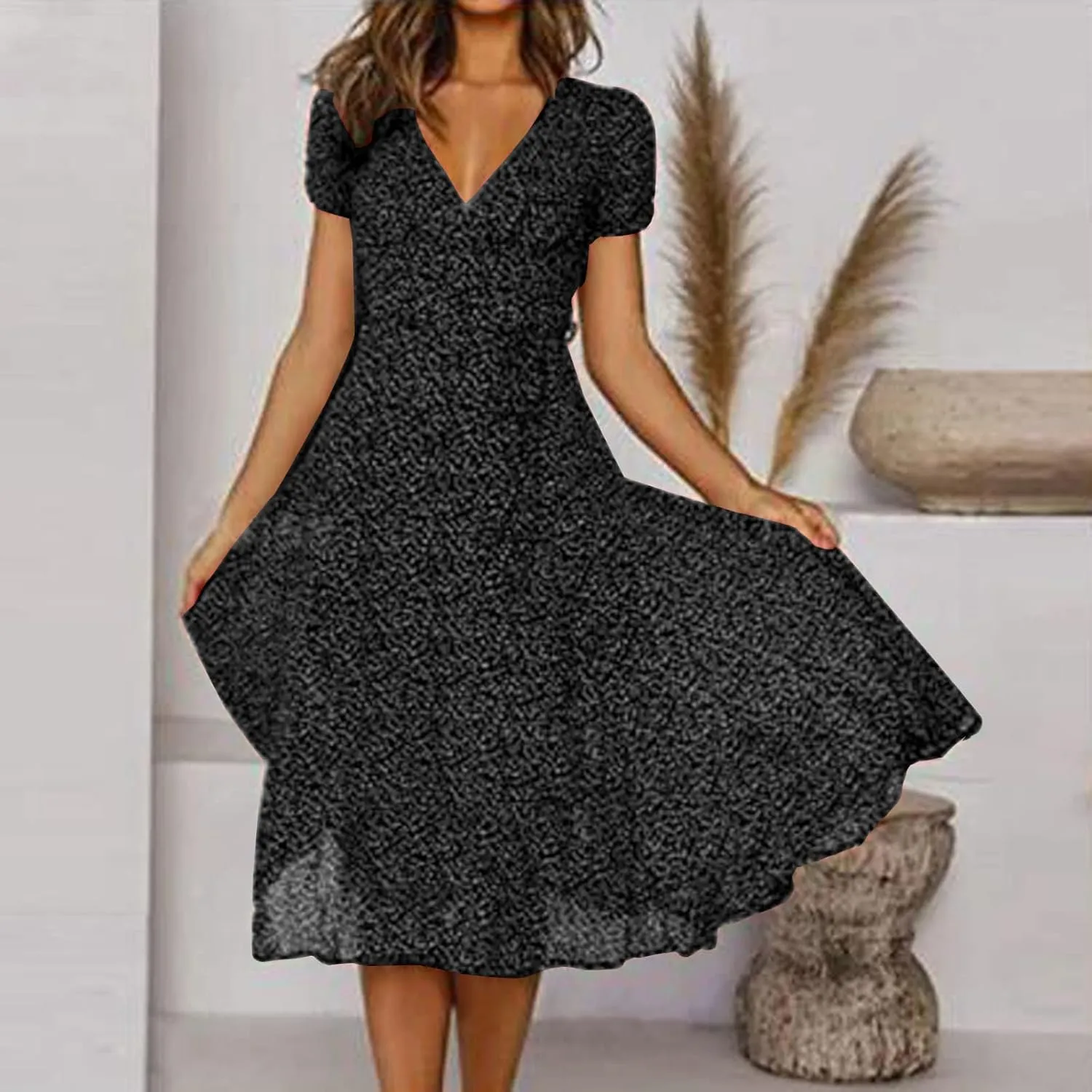 Women's Summer Dresses Chiffon Boho Polka Dot Boho Sundress Short Sleeve Resort Vacation Midi Dress 2024 Fashion Outfits