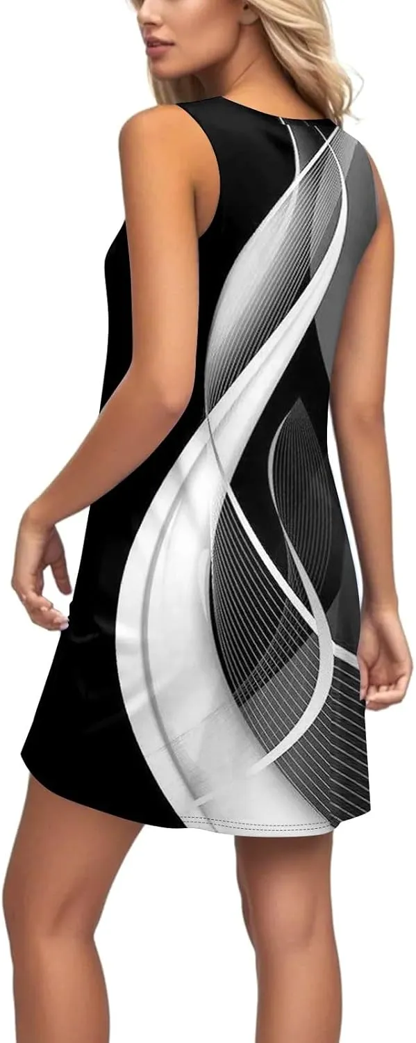 Womens Summer Dresses printedSundresses Loose Flowy Sleeveless Mini Dress Casual Tshirt Tank Dresses with Pockets