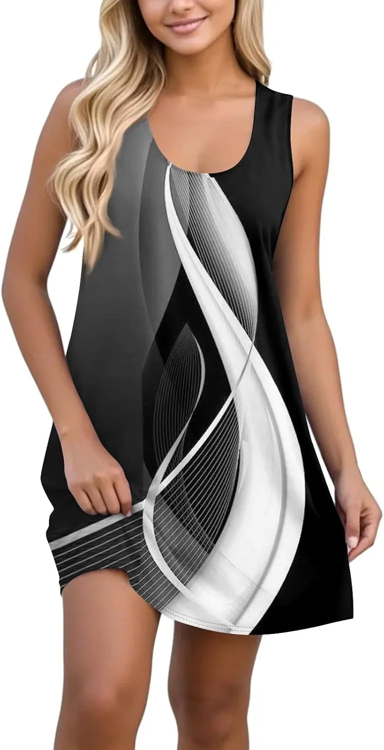 Womens Summer Dresses printedSundresses Loose Flowy Sleeveless Mini Dress Casual Tshirt Tank Dresses with Pockets