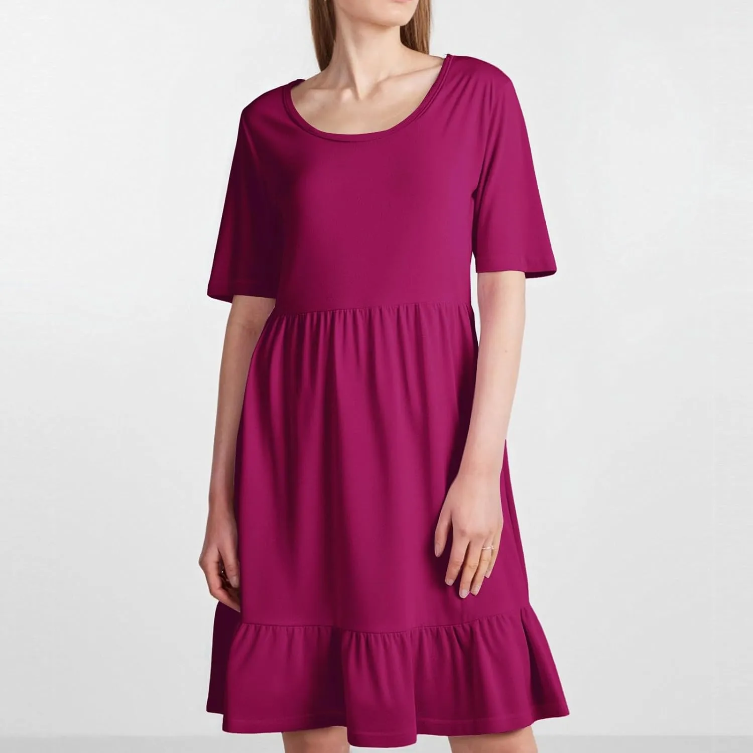 Womens Summer Dresses Short Sleeve O Neck Pleated Swing Mini Dress Solid Color Ruffle Hem Beach Vacation Sundress