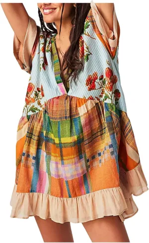 Womens Summer Dresses Short Sleeve V Neck Casual Beach Dresses Vintage Boho Dress A-Line Swing Mini Babydoll Dress