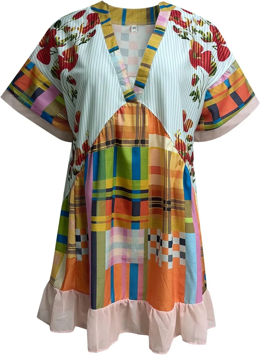 Womens Summer Dresses Short Sleeve V Neck Casual Beach Dresses Vintage Boho Dress A-Line Swing Mini Babydoll Dress