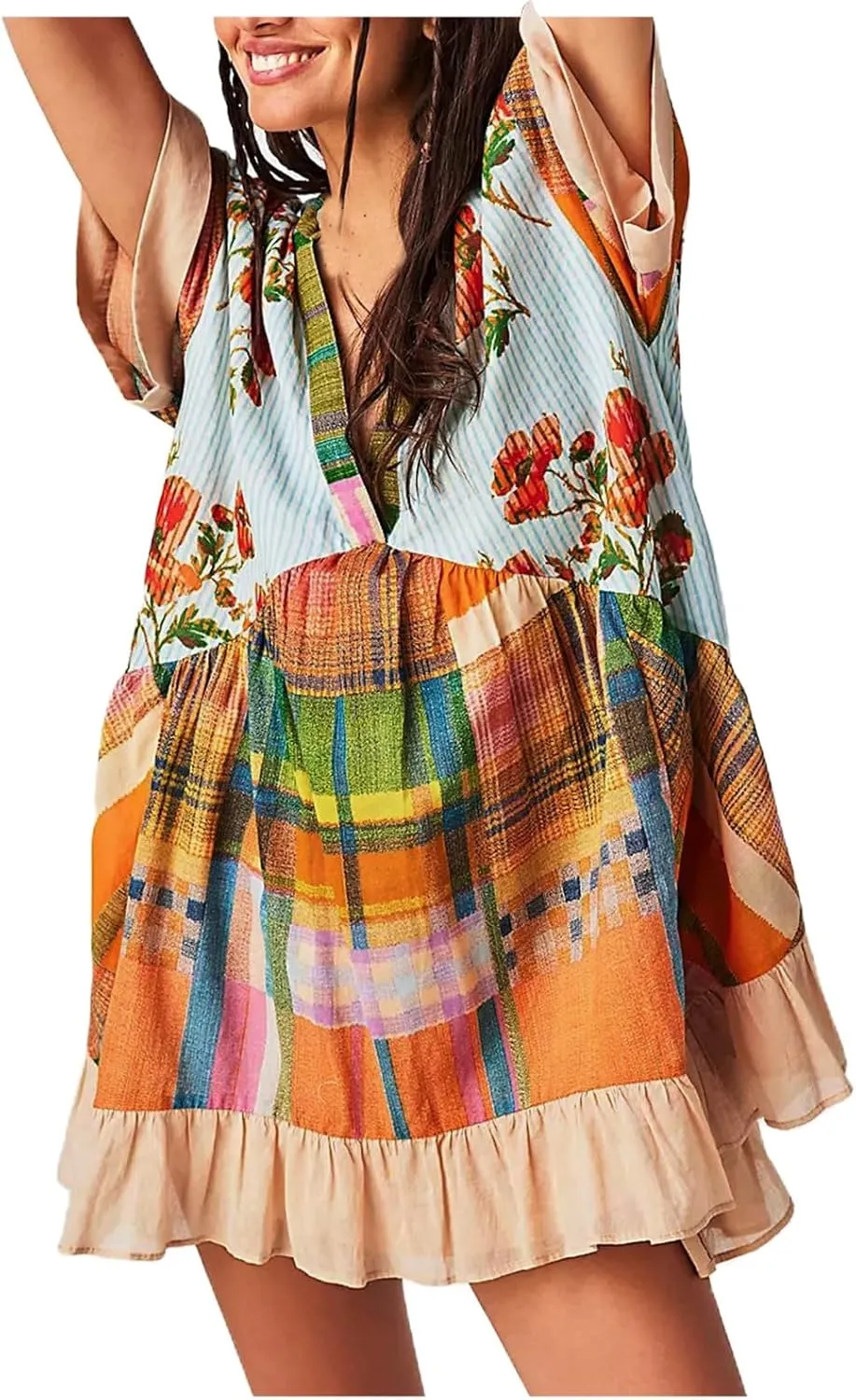 Womens Summer Dresses Short Sleeve V Neck Casual Beach Dresses Vintage Boho Dress A-Line Swing Mini Babydoll Dress
