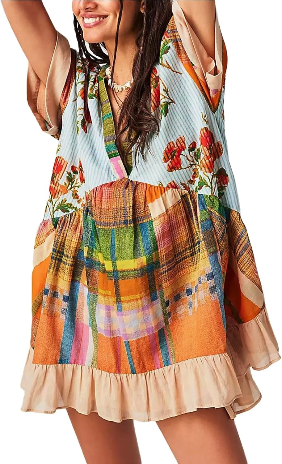 Womens Summer Dresses Short Sleeve V Neck Casual Beach Dresses Vintage Boho Dress A-Line Swing Mini Babydoll Dress