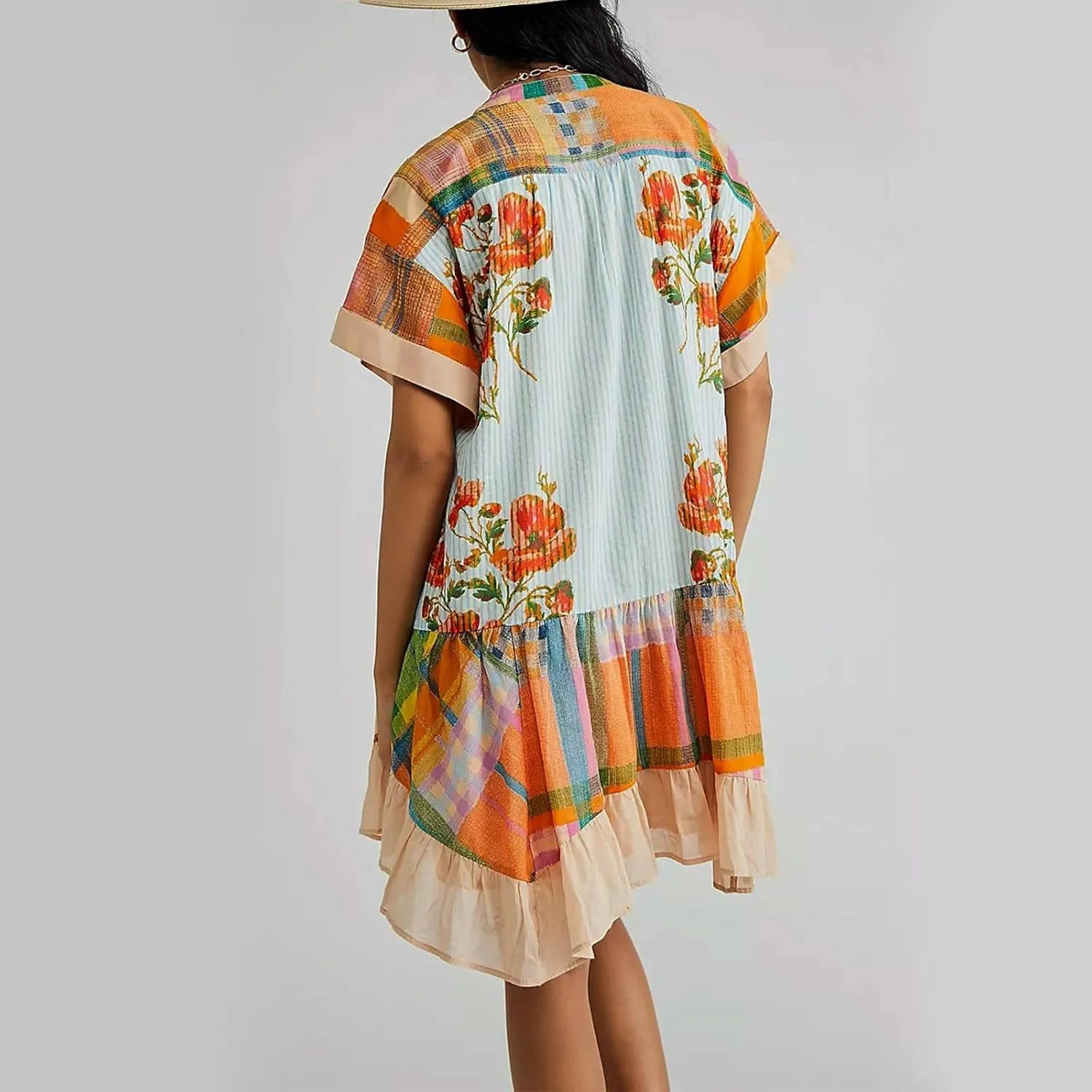 Womens Summer Dresses Short Sleeve V Neck Casual Beach Dresses Vintage Boho Dress A-Line Swing Mini Babydoll Dress