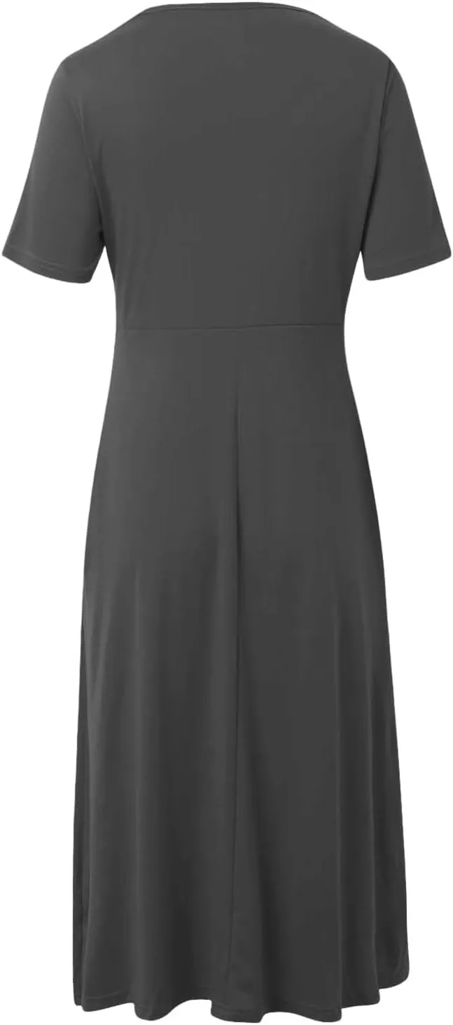 Women's Summer Maxi Dress 2025 Casual Short Sleeve Wrap V Neck Flowy Swing Plated Long Beach Dresses with Pockets