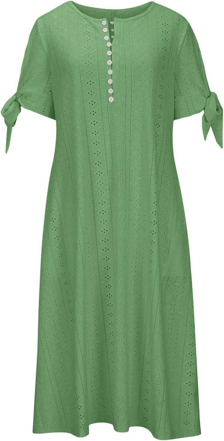 Womens Summer Maxi Dresses 2025 Trendy Eyelet Sundress Short Sleeve Casual T Shirt Dress Beach Vacation Travel Outfit