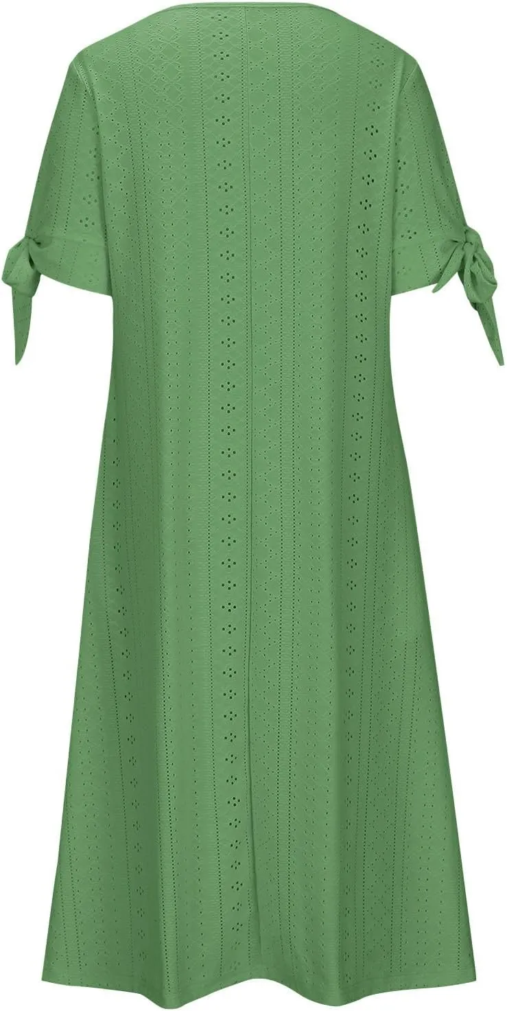 Womens Summer Maxi Dresses 2025 Trendy Eyelet Sundress Short Sleeve Casual T Shirt Dress Beach Vacation Travel Outfit