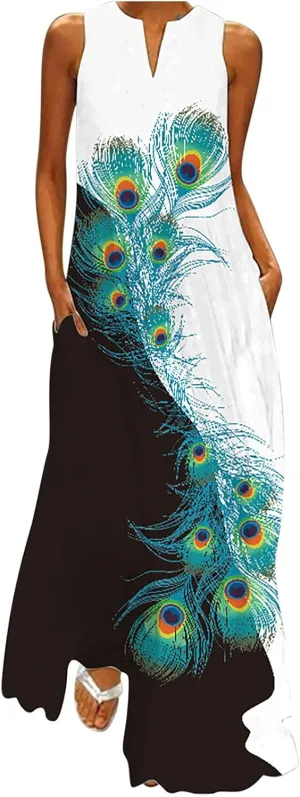 Women's Summer Maxi Dresses Casual Sleeveless Bohemian Floral Print Flowy Dress Vintage Summer Beach Long Sundresses