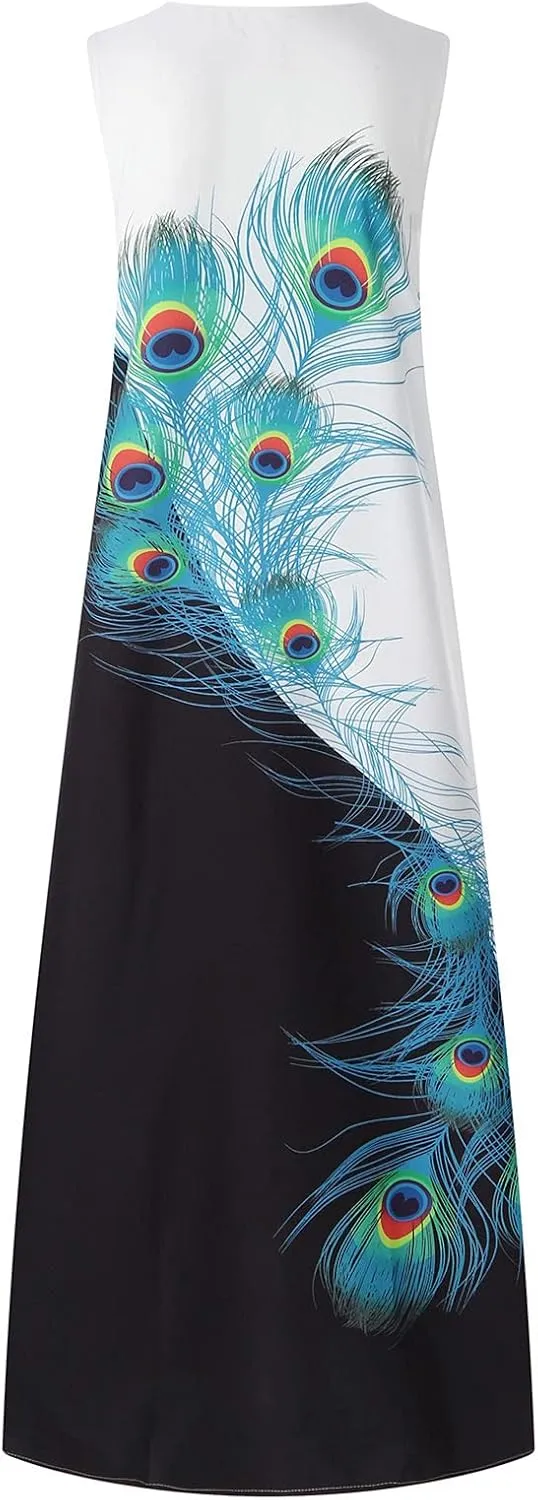 Women's Summer Maxi Dresses Casual Sleeveless Bohemian Floral Print Flowy Dress Vintage Summer Beach Long Sundresses