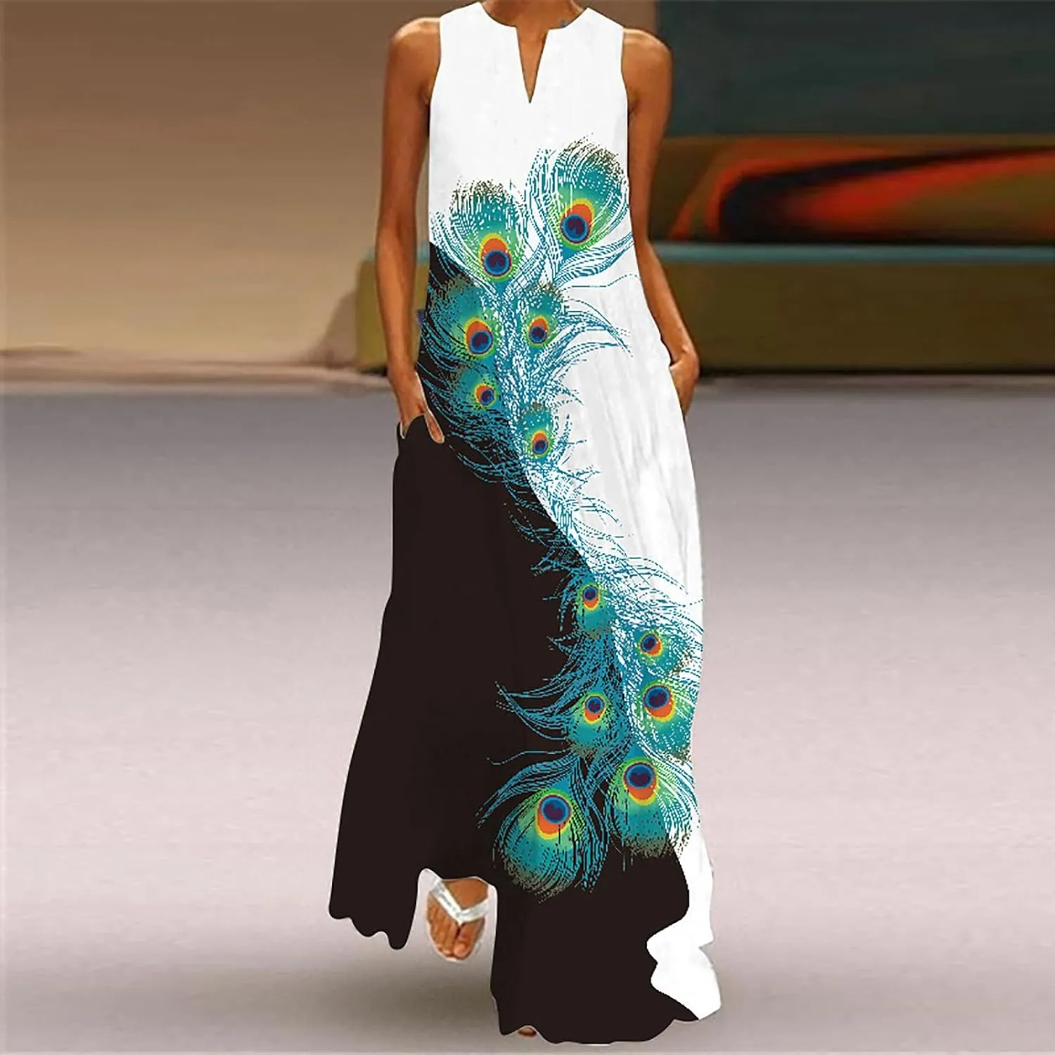 Women's Summer Maxi Dresses Casual Sleeveless Bohemian Floral Print Flowy Dress Vintage Summer Beach Long Sundresses