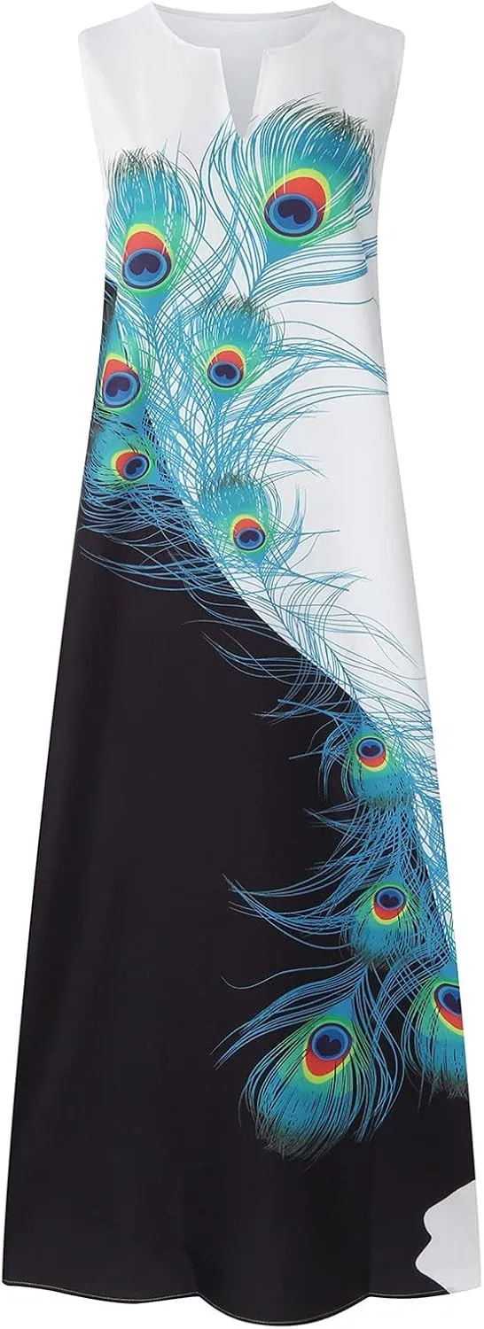 Women's Summer Maxi Dresses Casual Sleeveless Bohemian Floral Print Flowy Dress Vintage Summer Beach Long Sundresses