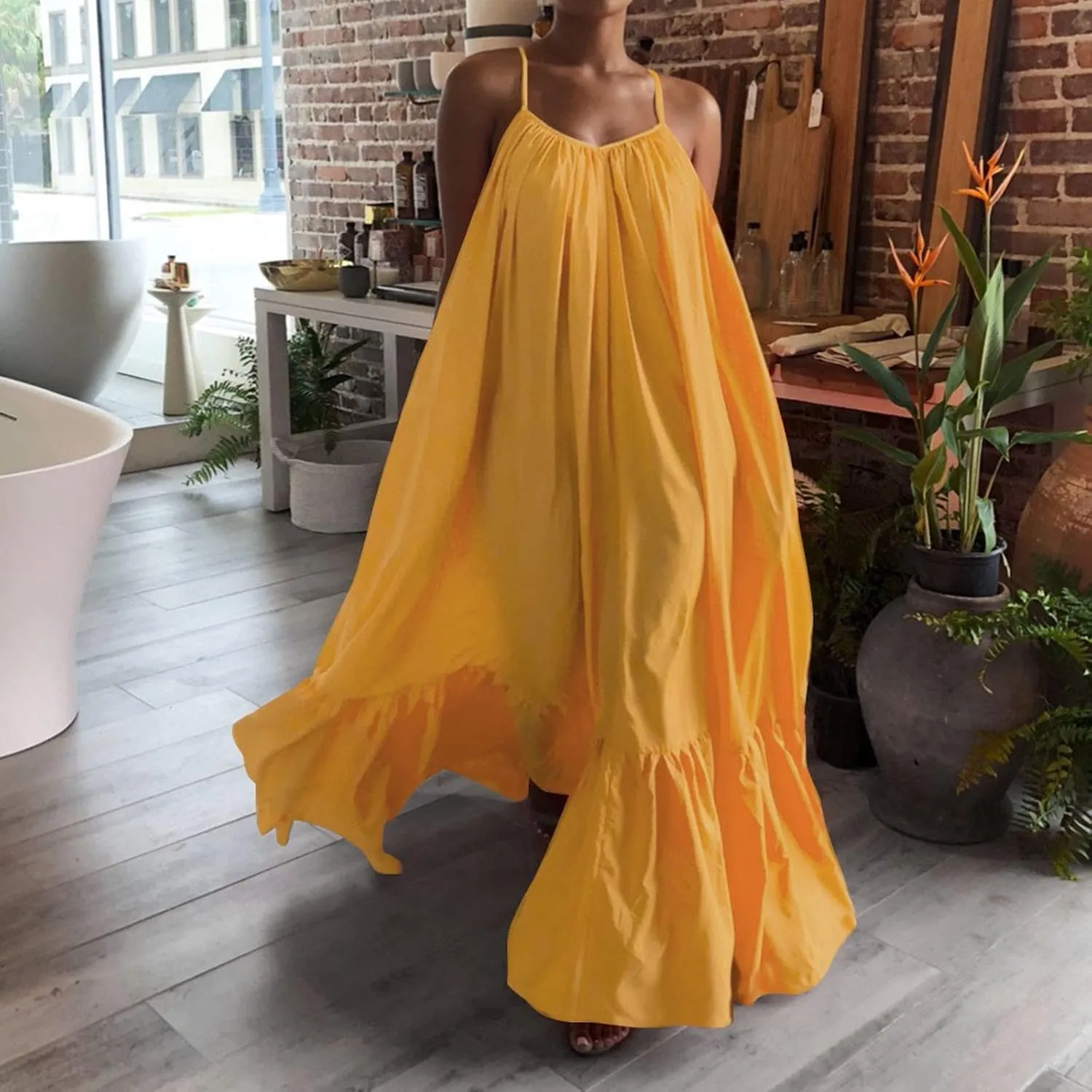 Womens Summer Maxi Dresses Sexy Spaghetti Strap Sleeveless Long Dress Sundress Tiered Ruffle Boho Cami Beach Dress