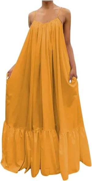 Womens Summer Maxi Dresses Sexy Spaghetti Strap Sleeveless Long Dress Sundress Tiered Ruffle Boho Cami Beach Dress