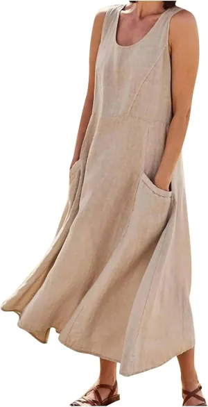 Womens Summer Tank Dresses Casual Beach Floral Sleeveless Linen or Cotton Maxi Dress Travel Outfits Sundress