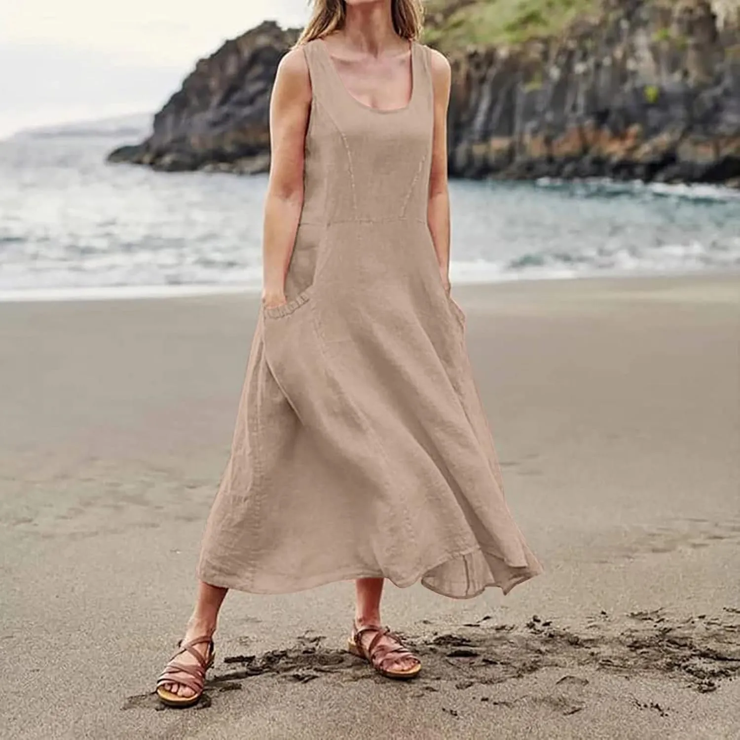 Womens Summer Tank Dresses Casual Beach Floral Sleeveless Linen or Cotton Maxi Dress Travel Outfits Sundress