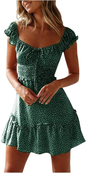Women's Summer Trendy Boho Mini Dress Ruffle Sleeve Floral Printing Dress Short Dress Beach Vacation Sundress