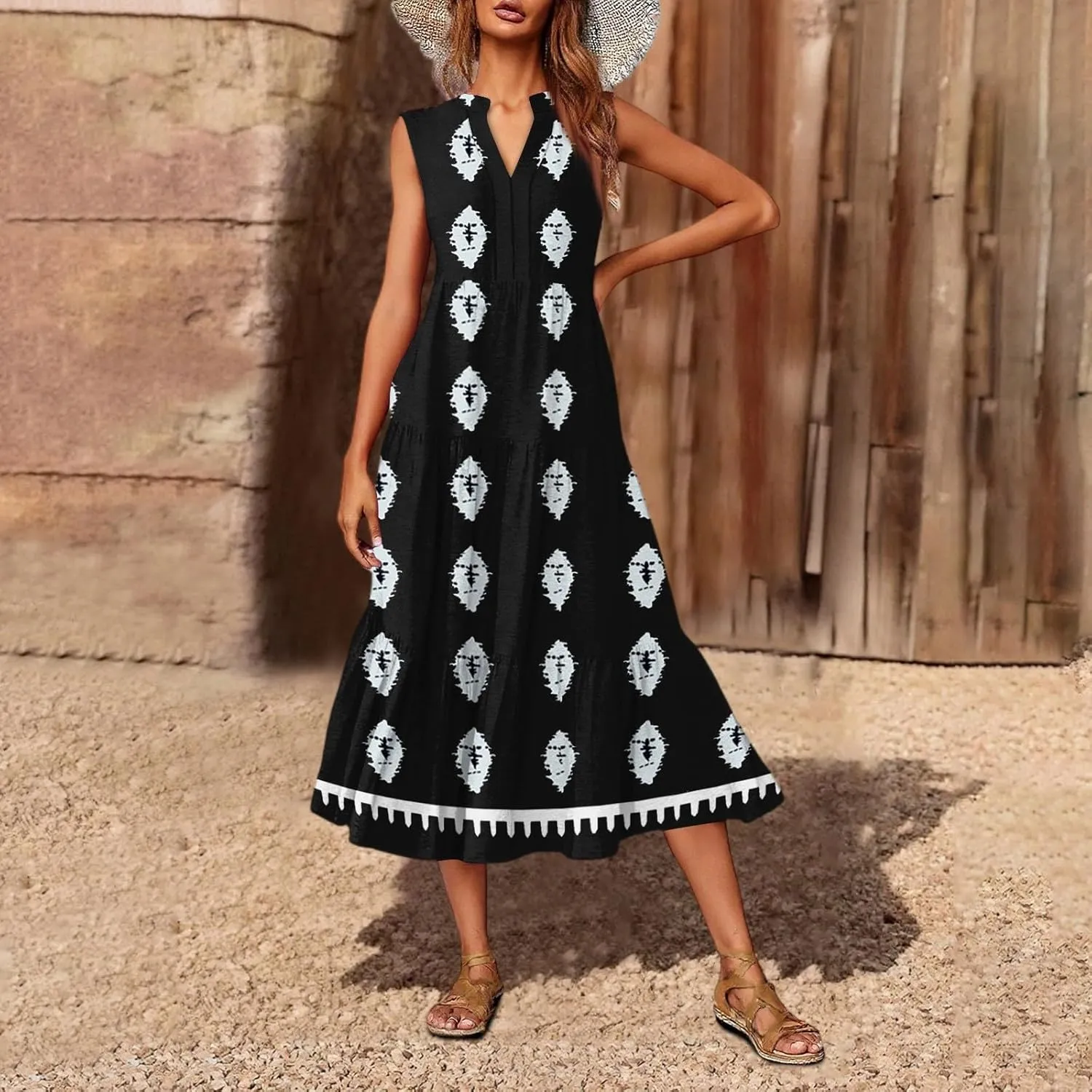 Womens Summer V Neck Sleeveless Beach Vacation Maxi Dresses Casual Layering Pleated Print Boho Dress