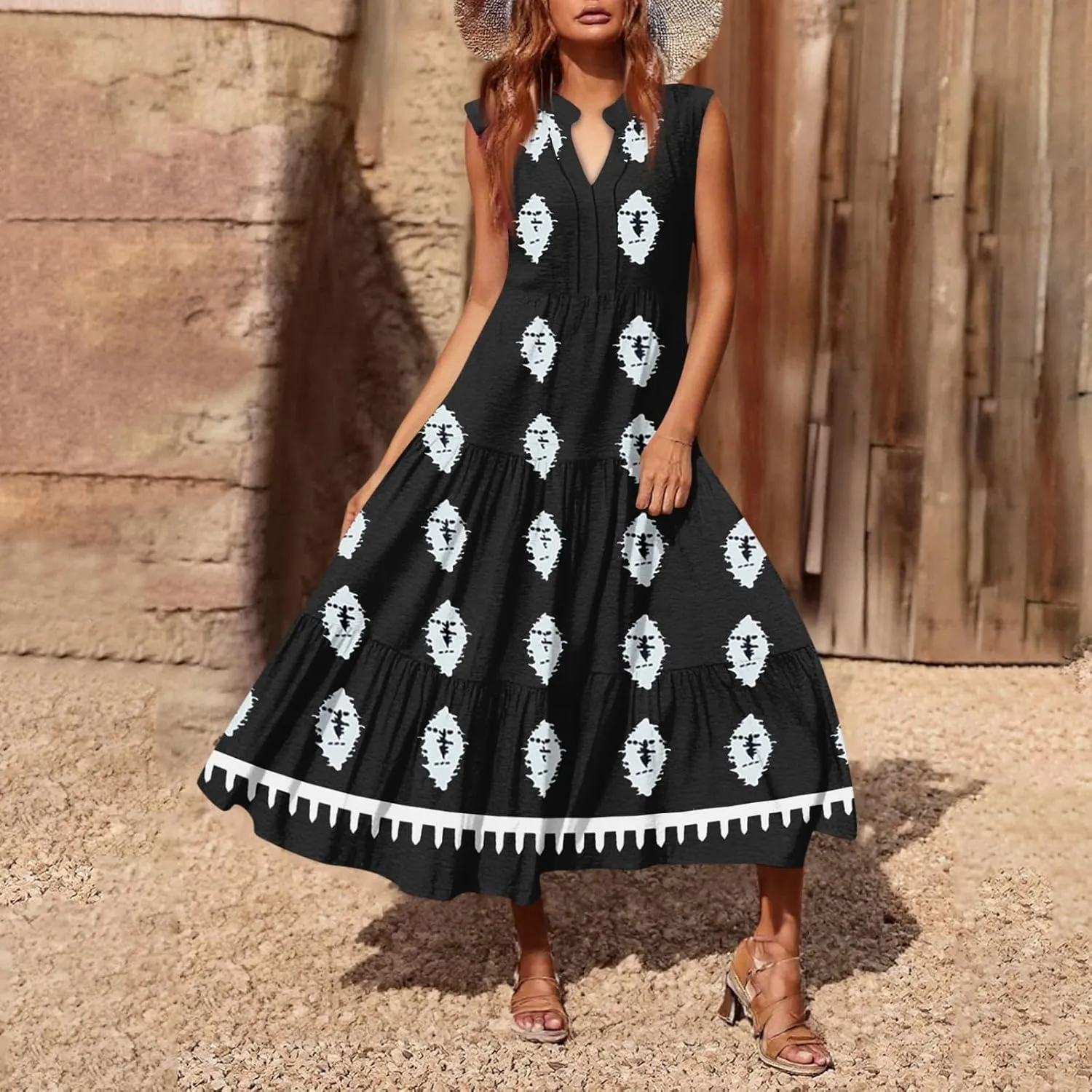 Womens Summer V Neck Sleeveless Beach Vacation Maxi Dresses Casual Layering Pleated Print Boho Dress