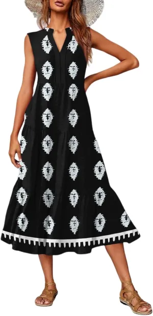 Womens Summer V Neck Sleeveless Beach Vacation Maxi Dresses Casual Layering Pleated Print Boho Dress