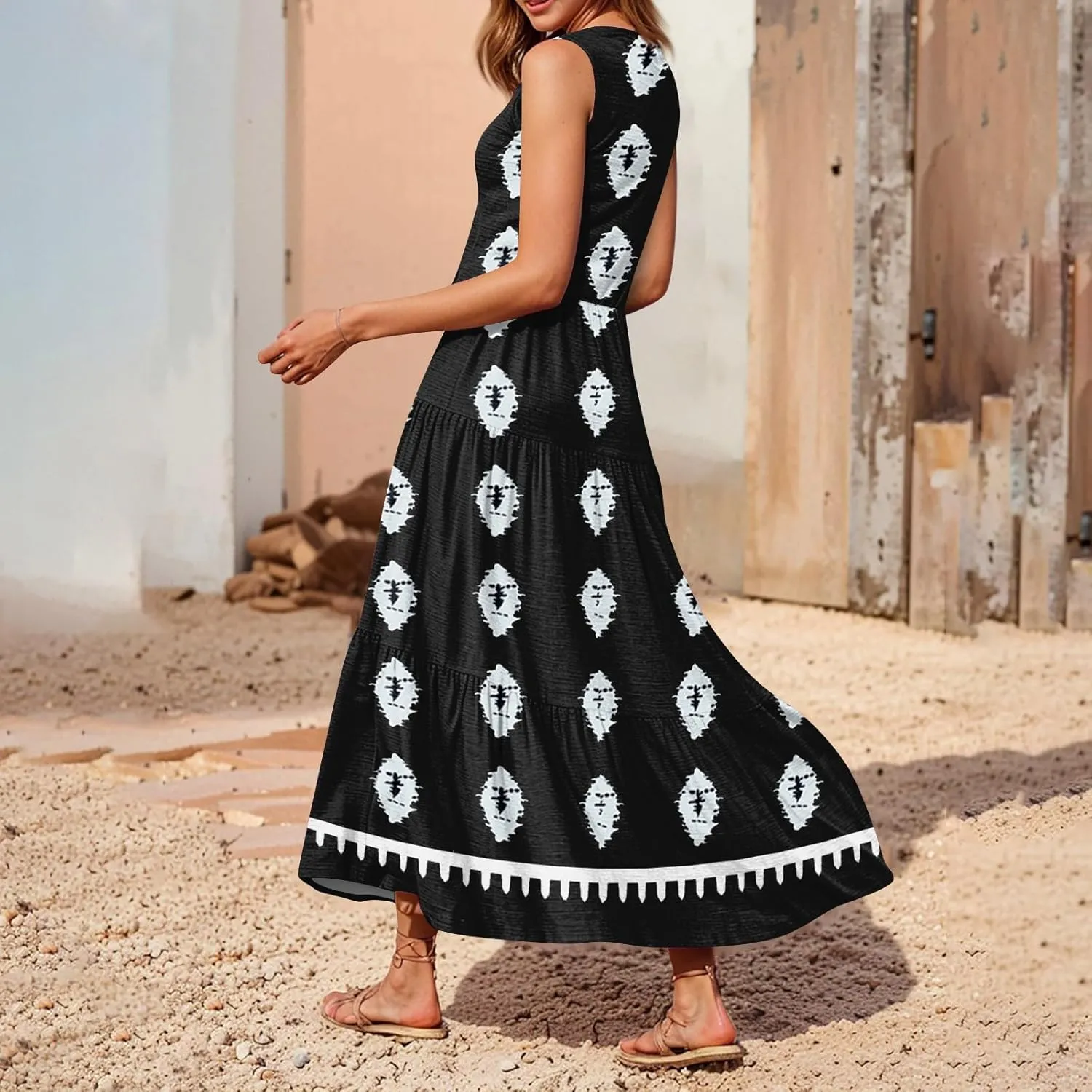 Womens Summer V Neck Sleeveless Beach Vacation Maxi Dresses Casual Layering Pleated Print Boho Dress
