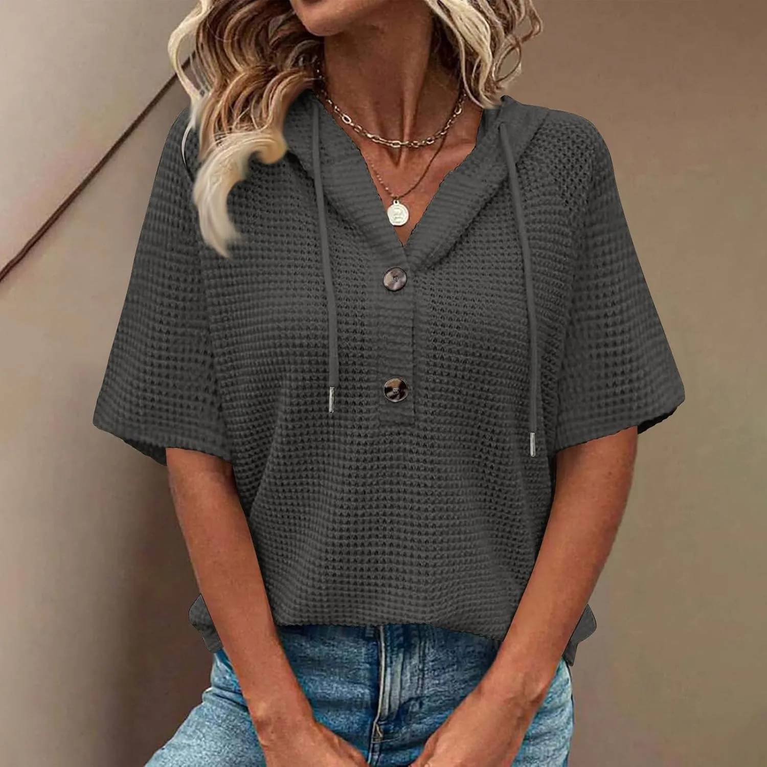 Womens Summer Waffle Knit Short Sleeve Tops Lightweight Drawstring Hoodies Button V Neck Casual Blouse Hooded Shirts