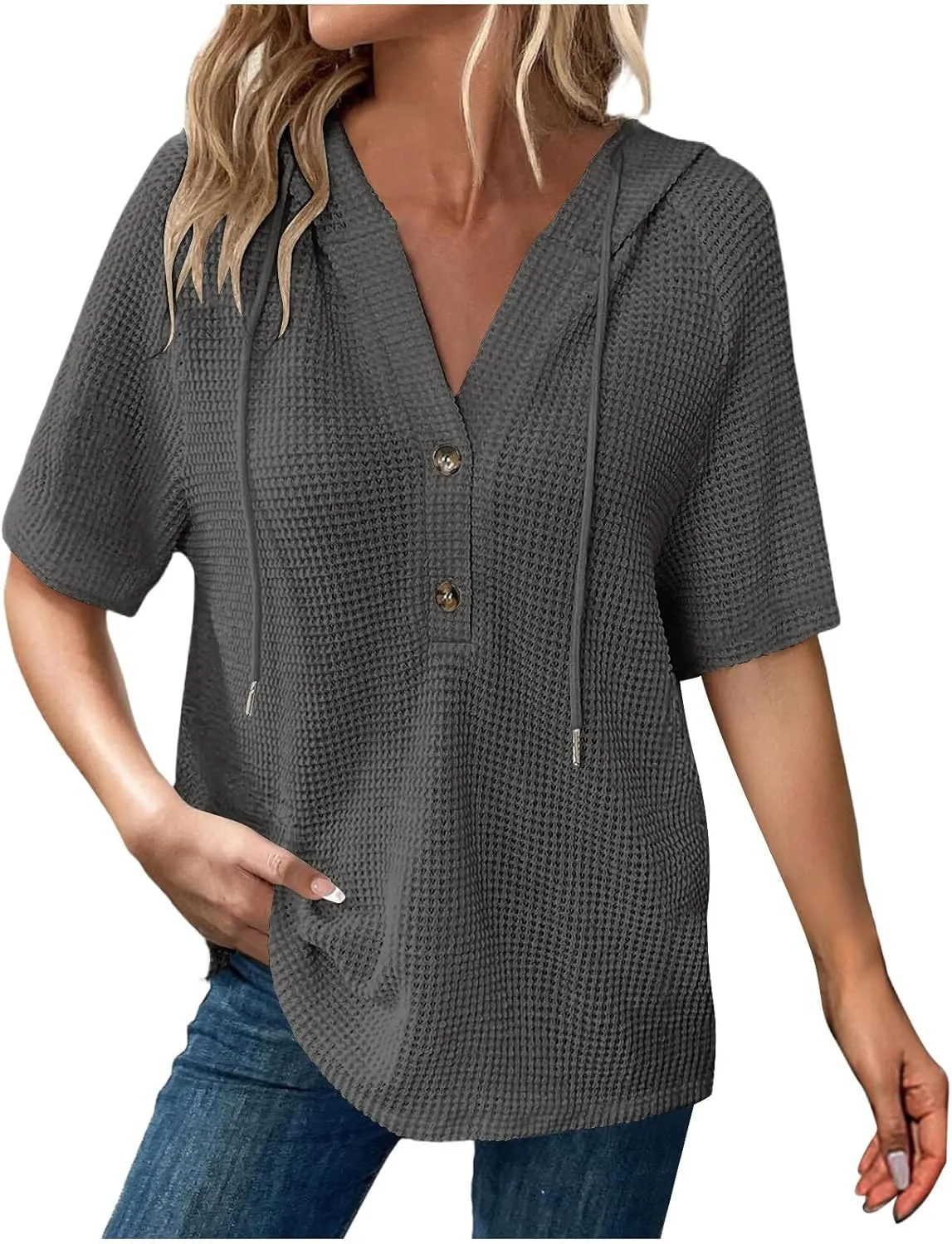 Womens Summer Waffle Knit Short Sleeve Tops Lightweight Drawstring Hoodies Button V Neck Casual Blouse Hooded Shirts