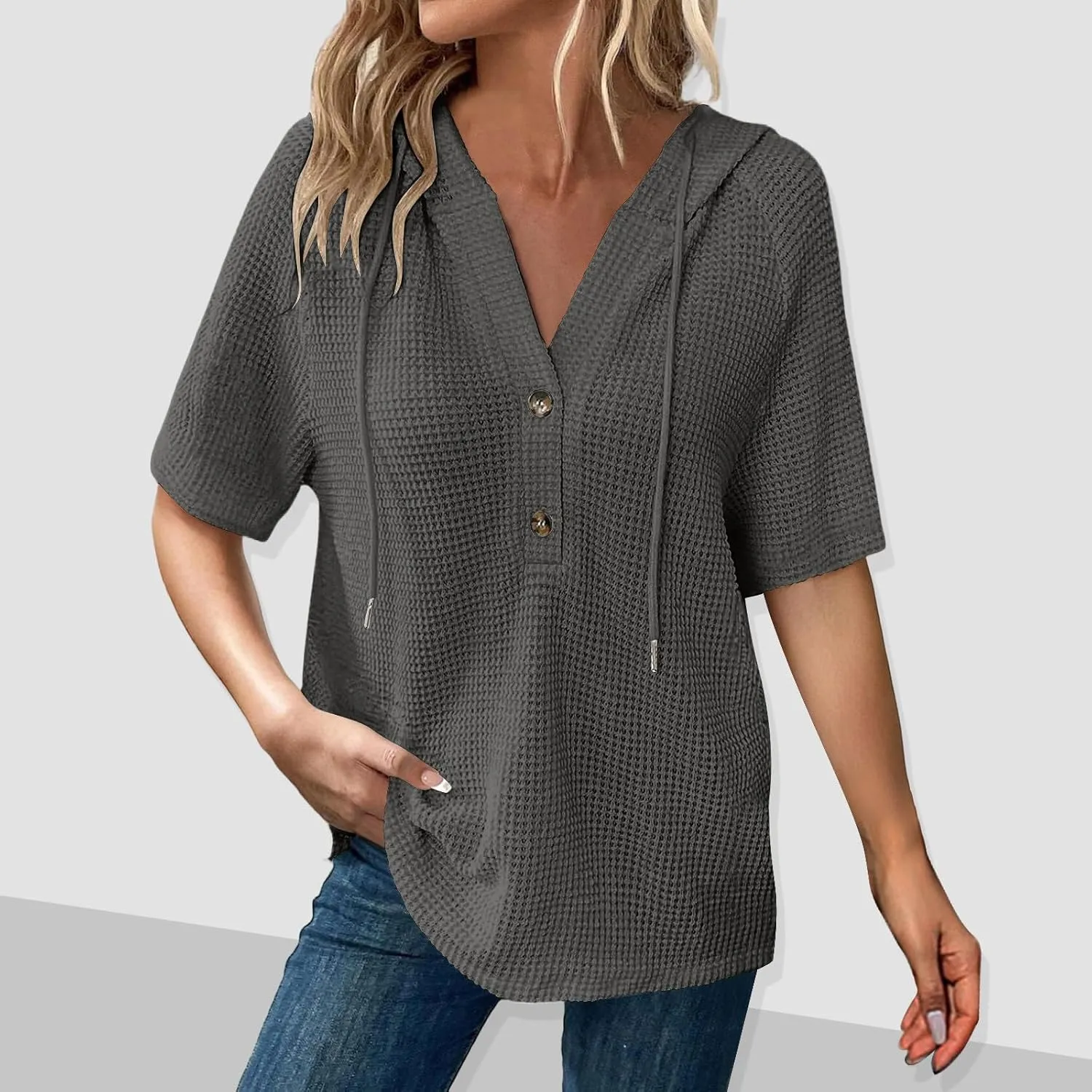 Womens Summer Waffle Knit Short Sleeve Tops Lightweight Drawstring Hoodies Button V Neck Casual Blouse Hooded Shirts