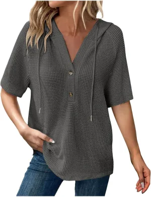 Womens Summer Waffle Knit Short Sleeve Tops Lightweight Drawstring Hoodies Button V Neck Casual Blouse Hooded Shirts