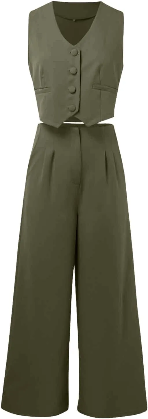 Womens Two Piece Outfits Summer Comfy Sets Sleeveless button down jacket baggy wide leg Blazer Pant workout tracksuit