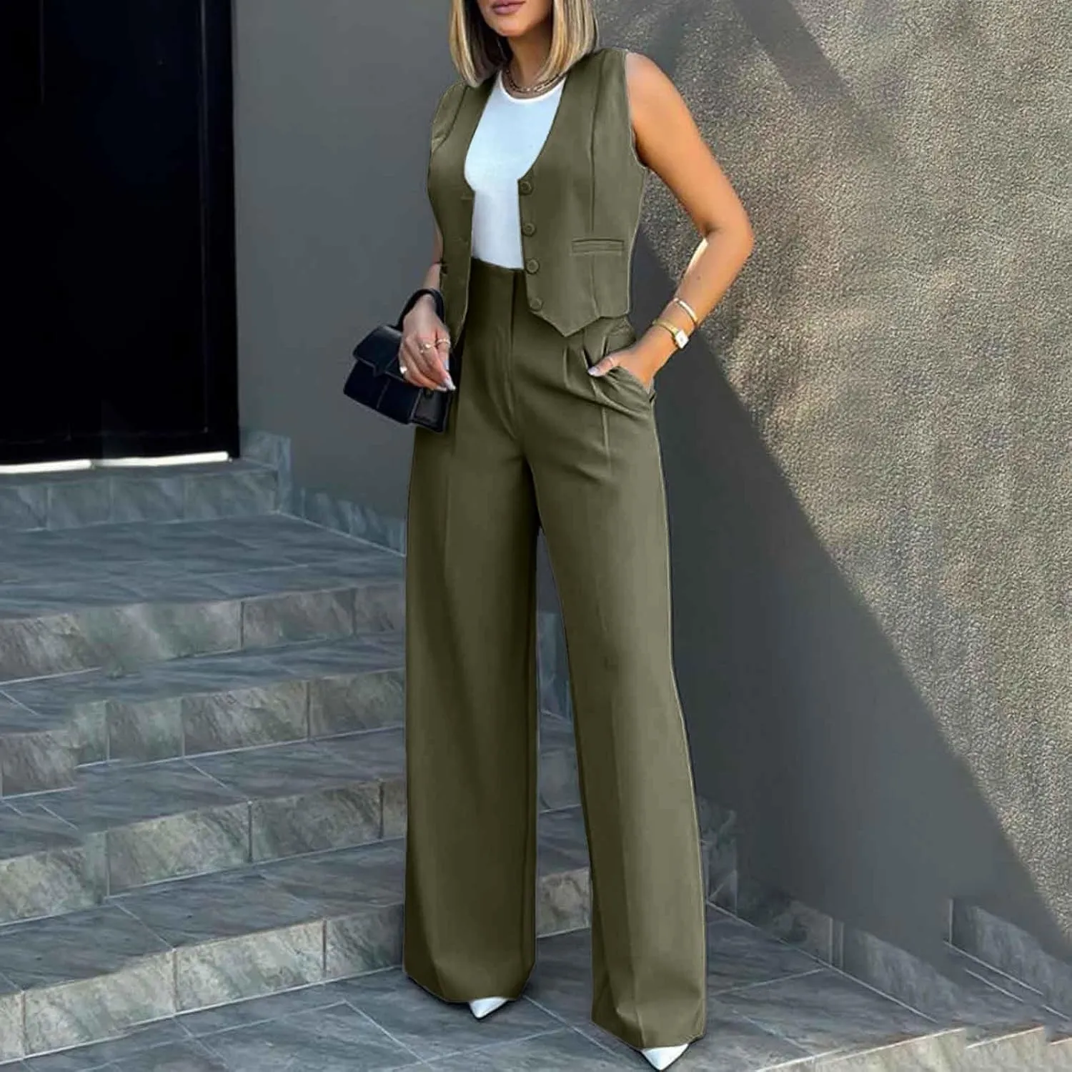 Womens Two Piece Outfits Summer Comfy Sets Sleeveless button down jacket baggy wide leg Blazer Pant workout tracksuit