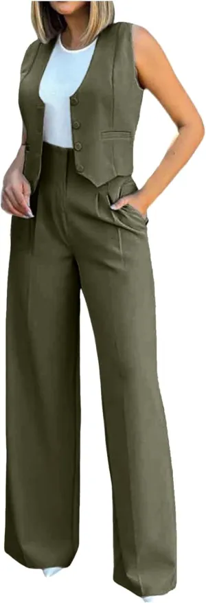 Womens Two Piece Outfits Summer Comfy Sets Sleeveless button down jacket baggy wide leg Blazer Pant workout tracksuit
