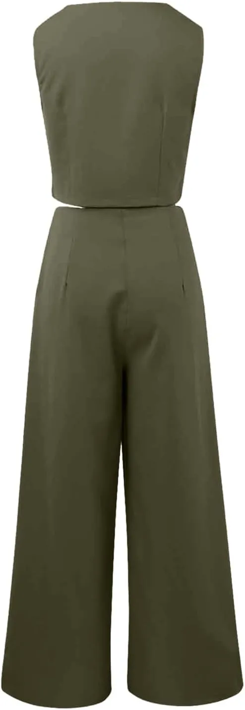 Womens Two Piece Outfits Summer Comfy Sets Sleeveless button down jacket baggy wide leg Blazer Pant workout tracksuit