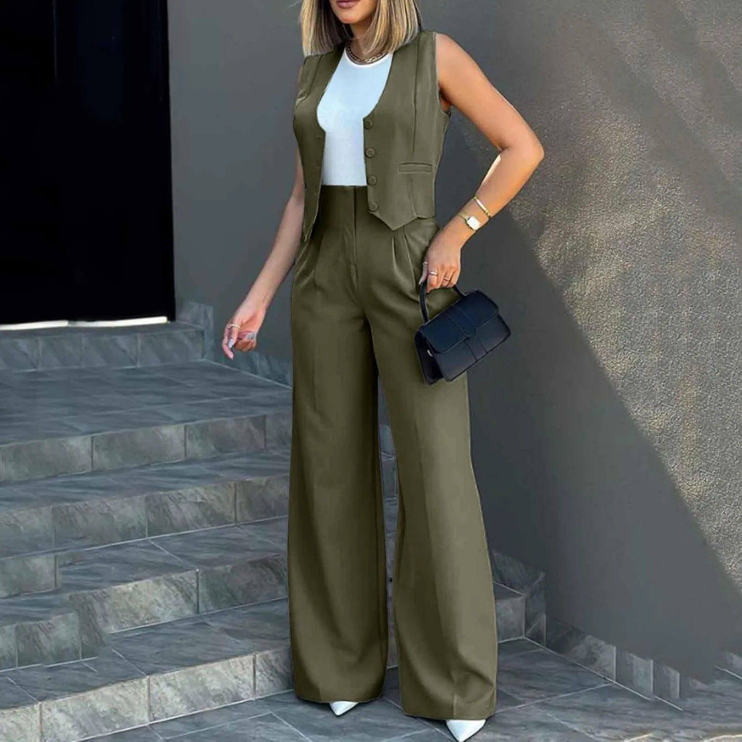 Womens Two Piece Outfits Summer Comfy Sets Sleeveless button down jacket baggy wide leg Blazer Pant workout tracksuit