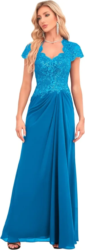 Women's V Neck Bridesmaid Dresses Long Lace Appliques Beaded Chiffon Short Sleeve Formal Dress with Pockets HS025