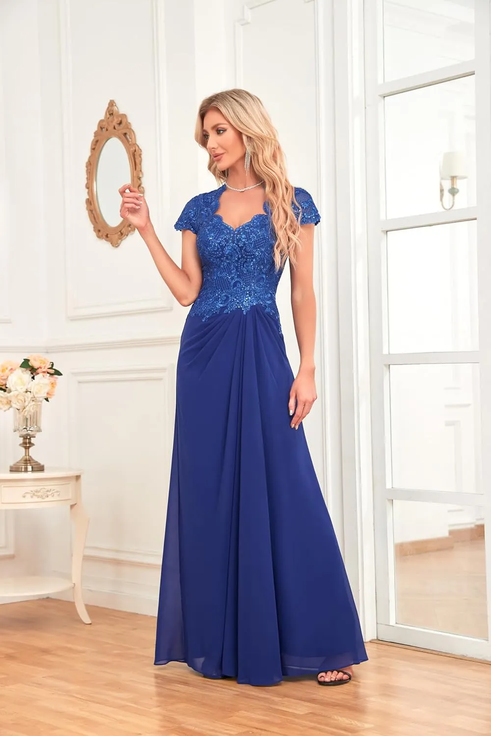 Women's V Neck Bridesmaid Dresses Long Lace Appliques Beaded Chiffon Short Sleeve Formal Dress with Pockets HS025