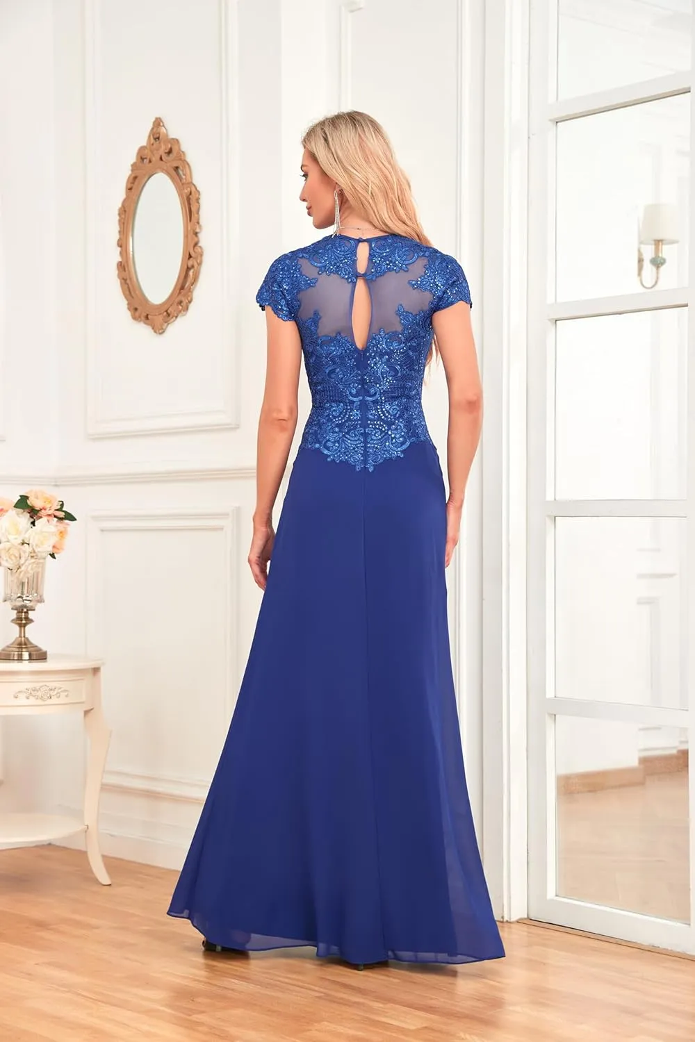 Women's V Neck Bridesmaid Dresses Long Lace Appliques Beaded Chiffon Short Sleeve Formal Dress with Pockets HS025